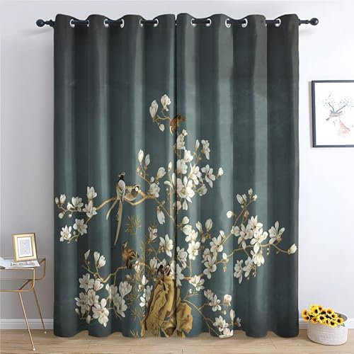 TAKUAN Ginkgo Biloba Vorhänge Verdunklung svorhänge mit Muster Luxus, Vorhang Blickdicht mit Ösen Gardinen Wohnzimmer Schlafzimmer Kinderzimmer Dekoration 2er Set-160 x 132 (H X B)