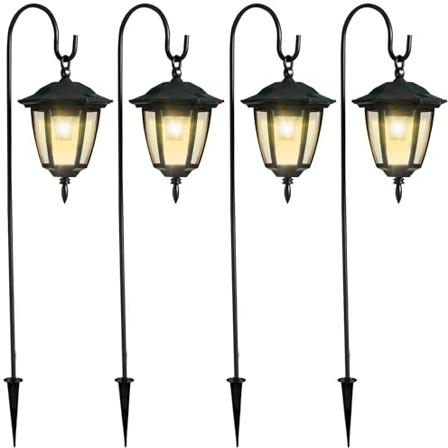 Dynaming 4 Pack Solar Hanging Lights Outdoor, Solar Powered Garden Decorative Lanterns with 4 x 38 Inch Shepherd Hooks, Waterproof Landscape Lighting for Lawn Patio Yard Pathway Driveway, Warm White