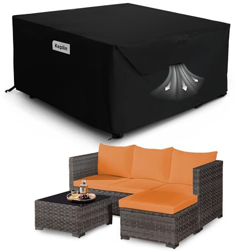 KEPLIN Waterproof Outdoor Furniture Cover - UV, Tear, Fade Resistant, 600D Oxford Fabric, PVC Coating, Air Vent, Attachment Straps & Storage Bag Included for Garden Table & Chairs (200x200x90cm)