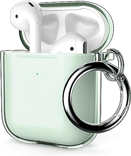 ULAK für AirPods 2&1 Hülle, Durchsichtig Stoßfest Hülle Dünn Schutzhülle mit Karabiner Transparent Ladecase für Apple AirPods 2/AirPods 1 (LED an der Frontseite Sichtbar) - Grün