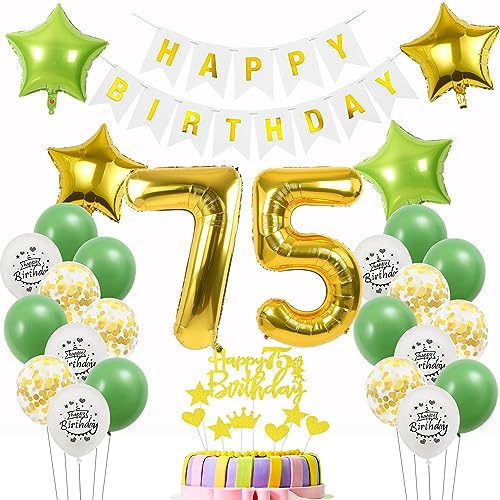 Luftballons 75 Geburtstag Mann Frau deko Gold Grün, Geburtstagsdeko 75 Jahre Mann Dekoration Grün,deko 75. Geburtstag Männer Gold, Tortendeko 75 Geburtstag Frauen Mann Ballon 75 Gold Grün