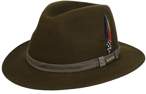 Stetson Tenvelco Traveller Wollhut - Einfarbiger Hut mit Ripsband und Feder - Unisex - Filzhut für Herbst/Winter - Handgefertigt in der EU - Wasserabweisend & Knautschbar grün M (56-57 cm)