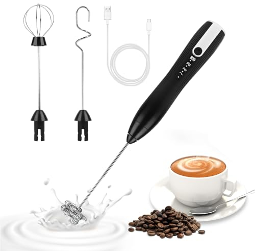 Weinsamkeit Espumador de Leche - Espumador de Leche Eléctrico de Mano con 3 Velocidades Batidora Leche Espuma con 3 Cabezales de Acero Inoxidable USB Recargable Batidor para Leche, Café, Capuchino