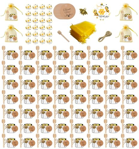 Hapneyea 60 Pack 1.5 OZ hexagonal pot de miel en verre avec cuillère en bois, pendentif abeille, sac cadeau en or, carte de remerciement, Jutes - parfait pour les cadeaux de bébé, mariages et fêtes