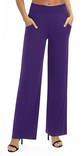 Donna Solido Sciolto Gamba Dritta Palazzo Pantaloni A Vita Alta Elastico Casual Pantaloni con Tasche(XL, Viola)
