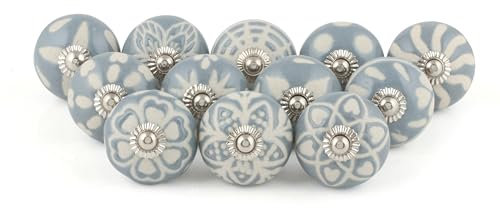 Rasiya Art Ceramic Grey Knobs for Cupboards Cabinet Door Dresser and Furniture - Hand Painted Ceramic Pulls for Chest of Drawers Boho Decorative Handles - Pack of 12