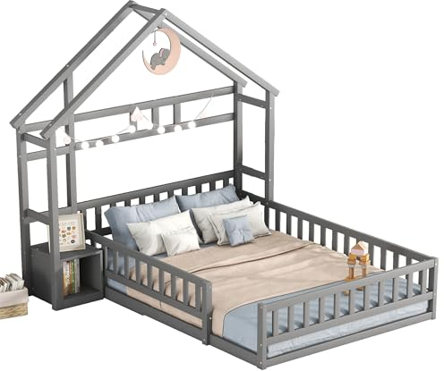Kinderbett Hausbett doppelbett 140 x 200cm Holzbett für Kinder mit Rausfallschutz Bettgestell Kinderbetten mit Nachttischen,vielseitiges Holz Kinderbett,Grey