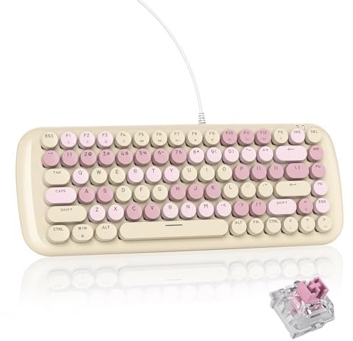 iRoboosta Milky Creamy Mechanical Gaming Keyboard, Aesthetic Keyboard w/White Backlit, 84 Keys Cute Retro Typewriter Computer Keyboard Wired w/Pink Switch, Round Keycap for Windows/PC/PS5 (Milk Tea)