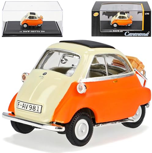 Cararama B*M*W Isetta 250 Orange Beige Weiss 1955-1962 mit Sockel und Vitrine 1/43 Modell Auto mit individiuellem Wunschkennzeichen