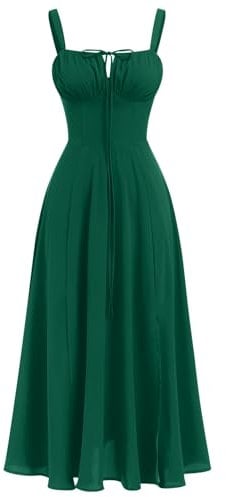 Women's Green Summer Boho Midi Dress - Spaghetti Strap, Front Slit, Swing, Party & Holiday Dress - XS