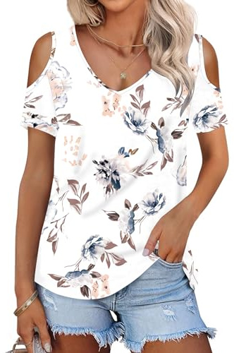 WNEEDU Camisetas Manga Corta Mujer Verano Blusas Cuello V Elegante T-Shirt | Cold shoulder top, basicas, casual