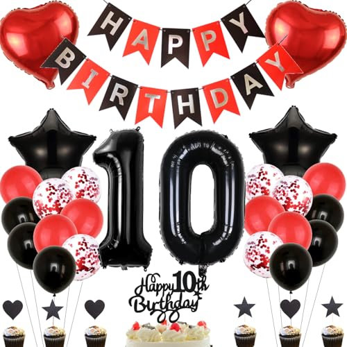 Anlgdi Deko 10. Geburtstag Mädchen, Tortendeko Geburtstag 10 Jahre Mädchen, Rot Schwarz Geburtstagsdeko 10 Jahr Mädchen, Ballon 10 Geburtstag Junge, Folienballon 10 Geburtstag Junge Mädchen Dekoration