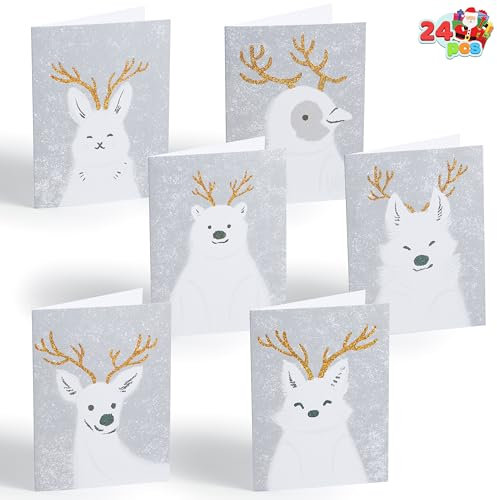 JOYIN 24-teilige Weihnachtsgrußkarten-Kollektion in 6 verschiedenen festlichen weißen Designs mit Umschlägen für die Weihnachtszeit, Geschenke, süße Weihnachtskarten, Geschenkkarten für den Winter