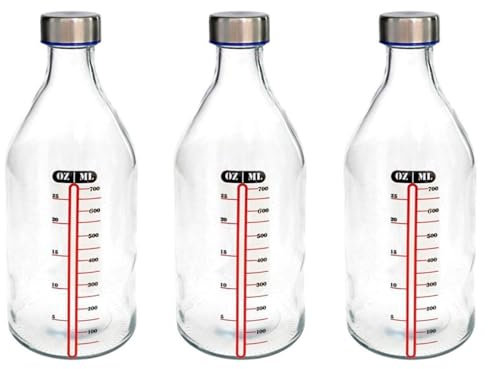 Acan Tradineur - Pack de 3 Botellas medidoras de Vidrio con tapón de Acero, línea de Medida y Cierre de Rosca, Agua, Leche, Batidos, zumos, licuados de Verduras, Salsas, frigorífico - 1 litro