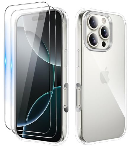 iCatchy Clear Case for iPhone 16 Pro Max (6.9-Inch) – Military-Grade Rugged Shockproof Bumper Phone Cover and 2X HD Tempered Glass Screen Protector & Anti-Yellowing Transparent Back