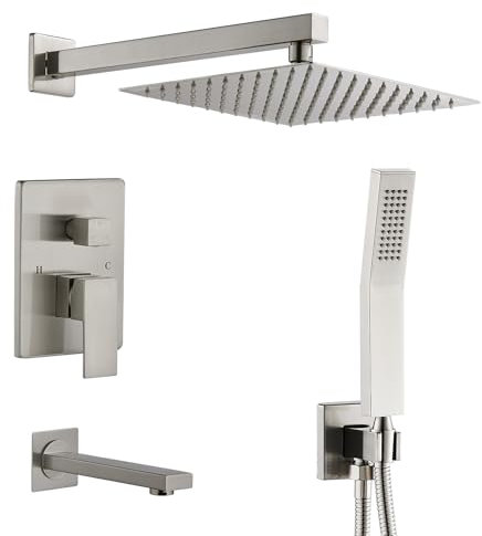 KINKIBOS Concealed Shower System Wall Mounted, 3-Function Shower System with 10 Inch High Pressure Rainfall Shower Head, Handheld Shower and Bath Spout, Brass Shower Mixer Set, Brushed Nickel