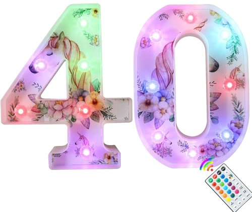 Unicorn LED Light Up Numbers, 18 Color Changing Number Lights 40th Birthday Decorations, Unicorn Gifts for Women Birthday Party Anniversary Remote Night Light Christmas Wall Table Decor - Number 40