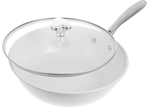 Ciieeo Sartén Wok Antiadherente Cerámica Blanca Con Borde Grueso Mango Ergonómico Resistente Al Calor Para Cocina Gas Multifunción Para Freír Cocinar y Vaporizar Fácil Limpieza