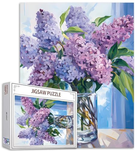 Blauer Flieder in einer Glasvase, Blumen, 1000-teiliges Puzzle für Erwachsene, Blumenpuzzle, Pflanzenpuzzle, anspruchsvolle Familienaktivitäten, buntes Bastelpuzzle für Heimdekoration, Geschenke, 68 x
