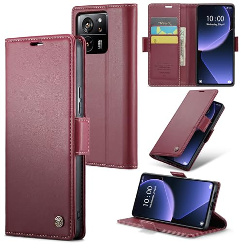 Rerzoiro Handyhülle für Xiaomi 13T/13T Pro Hülle, Premium PU Lederhülle Klappbar Flip Case [RFID Blocker] Tasche Magnet Kartenfach Klapphülle Schutzhülle für Xiaomi 13T/13T Pro, Rot