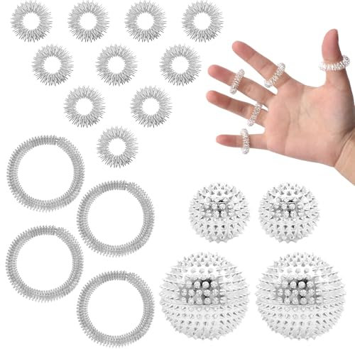 18 Igelball-Massagegerät mit 4 Igelbällen (32 mm und 47 mm), 10 akupressur ring, 4 Massage Bracelets, Skills Borderline Set, Hedgehog Ball Massage,igelball metall, (Silber)