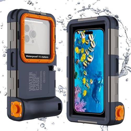 ShellBox Waterproof Underwater Snorkeling Phone Case for iPhone 16/15/14/13/12/11/Pro Max/Pro/Plus/LG G8X Series(Volume Button on Left), [50FT/15M] Professional Scuba Diving Housing, Blue-Orange