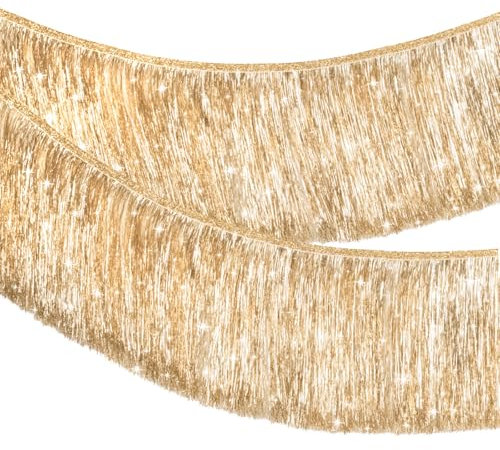 G2PLUS Champagner Gold Fransen Girlande: Glänzende Metallic Tinsel Deko, 2m Lang, 20cm Kurz für Geburtstag, Candy Bar, Hochzeit, Karneval, Festwagen, Bar