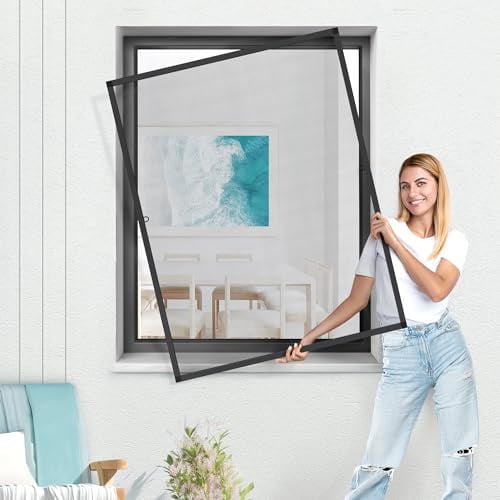 Jalousiescout Insektenschutz Fliegengitter Fenster mit Alu Rahmen, Mückenschutz Fenster, Insektenschutzgitter Fliegenschutz SlimLine Mini, Mückengitter Spannrahmen ohne Bohren, 100 x 45 cm, anthrazit