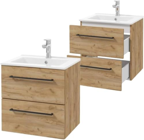 .Deftrans - Lavabo avec meuble bas de 50 cm de large - Ensemble de deux tiroirs - Lavabo avec meuble bas suspendu de couleur chêne - Meuble de lavabo avec lavabo - Dimensions : 50 x 50 x 45,6 cm