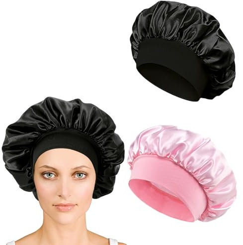 iLamvie 2 Pezzi Cuffia Seta Capelli Ricci,Silk Bonnet,Berretto da Notte Raso Elastico per Dormire Cappello da Notte per Donna Berretto da Notte Raso per Donna Ragazza(Rosa+Nero)