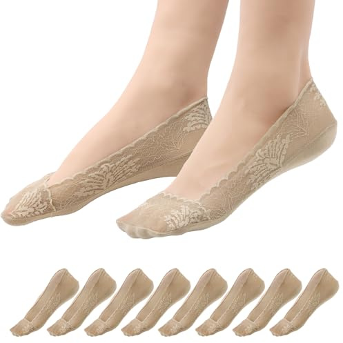 Soleeya 8 Pairs No Show Lace Socks Women Non Slip Shoe Liners for Women Girls UK 4-6, Ultra Low Cut Liner Boat Socks Invisible Ladies for Sneakers High-Heel Shoes Loafers (A)