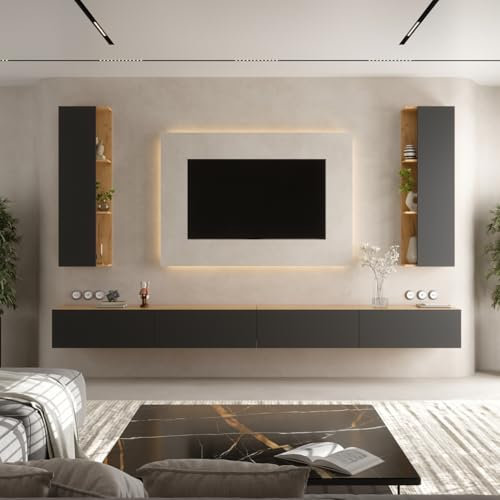 Planetmöbel Meuble TV, 320 cm de long, 2 armoires TV 40 x 130 x 17 cm, suspendues, meuble TV pour salon, 2 meubles bas 160 x 30 x 37,8 cm, chêne doré anthracite
