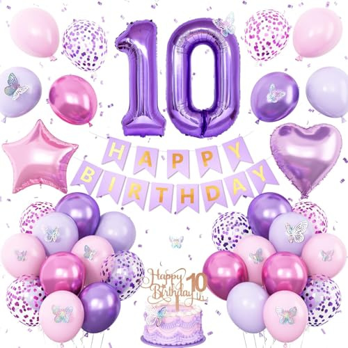 10th Birthday Decorations for Girl,Pink Purple 10th Butterfly Party Decorations 10th Birthday Balloons Pink Purple Banner Number 10 Balloons Cake Topper Butterfly Party Supplies for Girls