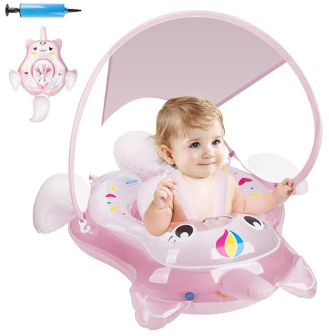 Baby Swimming Float, Parner Inflatable Baby Pool Float with Sun Canopy and Safety Bottom Support, Baby Swimming Ring Suit for Newborn Baby Toddler Age of 3-36 Months, Pink, Size L