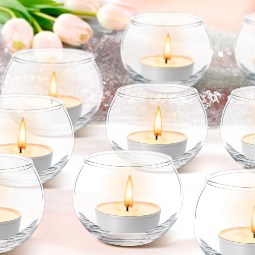 24 Pcs Clear Tea Light Holders for Table, Glass Tealight Candle Holder Bulk, Round Table Centerpieces Decorations for Anniversary Wedding Home Decor Halloween Christmas Church