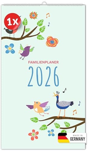 PRIMUS PRINT - Familienplaner 2026 - Familienkalender mit 5 Spalten - 24 x 41 cm Wandkalender - Wandplaner - Monatskalender - inklusive Feiertagen und Ferien - verschiedene Motive [Motiv: Tiere]
