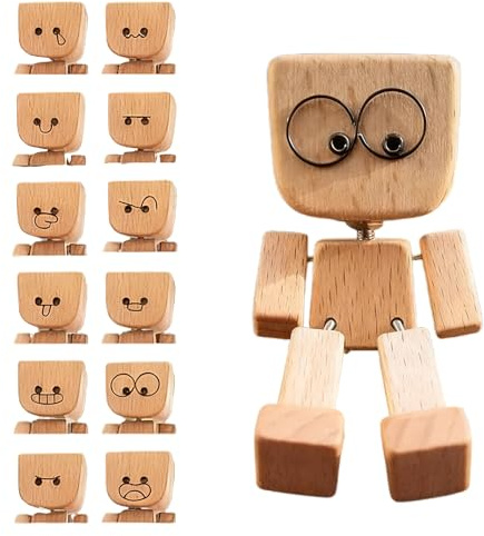 CUVZORA Wackelnder Holzmann Holzfigur mit 12 magnetischen Gesichtsausdrücken, Charmante Kleine Wackel-Auto-Ornament, Handgefertigte Auto-Dekoration, Ideal für Kreative Geschenke & Zuhause