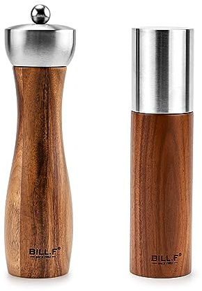 BF BILL.F SINCE 1983 Salz und Pfeffermühlen Set 2er, 8 Zoll Holz Pfeffermühle mit Edelstahlkopf & Keramikmahlwerk, Nachfüllbar, Einstellbarer Mahlgrad, 22,2 x 12 x 6,6 cm