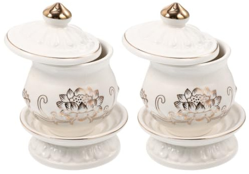 BESPORTBLE 2PCS White Ceramic Water Offering Cups Lotus Relief Design, Buddhist Ritual Bowls for Meditation and Temple Worship, Small Sacred Water Containers Tray