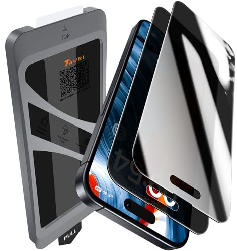 TAURI für iPhone 15 Pro Max Sichtschutz 6,1 Zoll - 2 Stück | mit Staubfreie Installationswerkzeug, 9H Glas Displayschutz, Full Screen Blasenfreie-Schutzfolie, Kompatibel mit Hülle