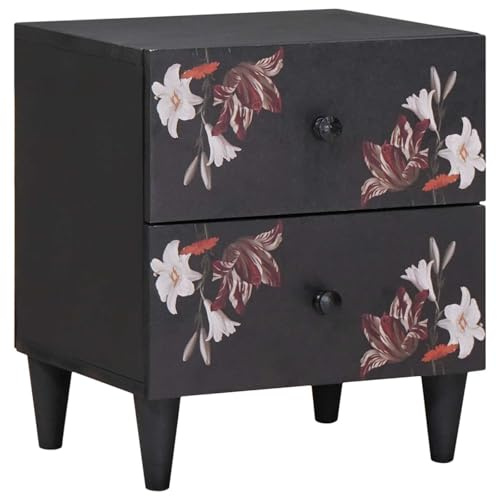 GeenYuu Nachttisch Braun 40x33,5x46 cm, Massivholz Mango, mit floralem Muster, Moderne Schlafzimmer Kommode, Beistelltisch mit Schublade, eleganter Bettkasten