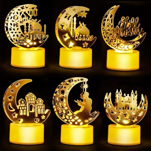 Hyunlai Décoration Ramadan 2026, 6 Pièces Ramadan Lampe Décor Table, Eid Mubarak Décoratives Lumière, 3D LED Star Moon Lumières pour Islamic Al-Fitr Musulmanes Decoration