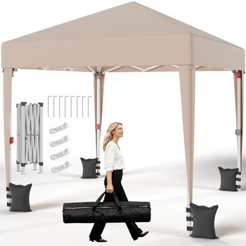 JUMMICO 2x2m Pop Up Gazebo, Heavy Duty Waterproof Tent, UV50+ Sun Shelter, 3-Way Adjustable Height, Folding Pavilion with Carry Bag for Garden, Party, Camping - Beige