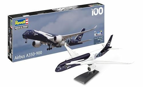 Revell Geschenkset Airbus A350-900 Lufthansa 100 Years | Airbus A350-900 Lufthansa Modellbausatz 1:144 mit 120 Teilen | inkl. Farben, Kleber, Pinsel & Standfuß