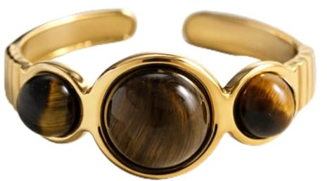 Lundholm Ring Damen Gold Tigerauge – Statement Edelstein Ring my Style verstellbar – 18K Vergoldet 316L Edelstahl Hypoallergen Wasserfest – Skandinavisches jewellery – Geschenk Frauen Liebe