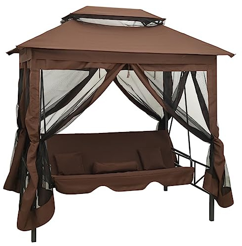 Kaloriko Belvédère Convertible en balancelle café, balancelle Jardin extérieur avec auvent, Rideaux et moustiquaire, siège Banc Transformable en lit, 2 Places, 240 kg, terrasse, Patio, véranda