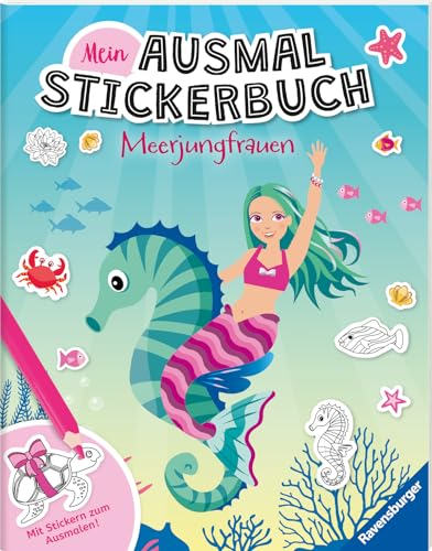 Ravensburger Mein Ausmalstickerbuch Meerjungfrauen - Großes Buch mit über 300 Stickern, viele Sticker zum Ausmalen