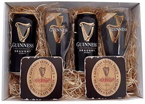 Guinness Geschenkpaket mit Bier, Original Gläsern und Untersetzern