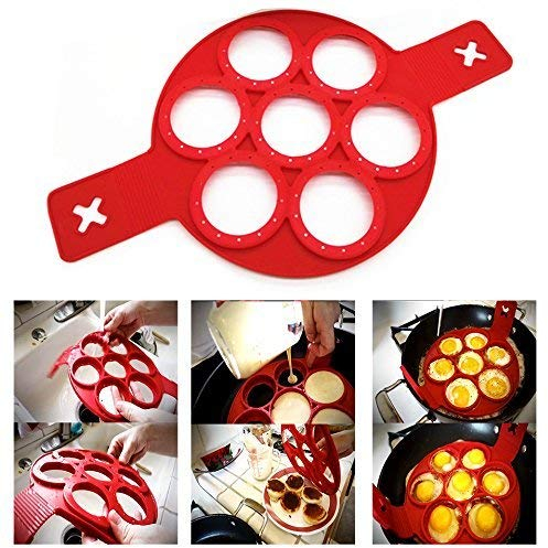 Itian Pfannkuchen Form, Omelett Eierring Wiederverwendbare, Non Stick Eierformer 4 Löcher, Silikon Ei Ring Runde für schnelles und einfaches Basteln von Eier (Rot)