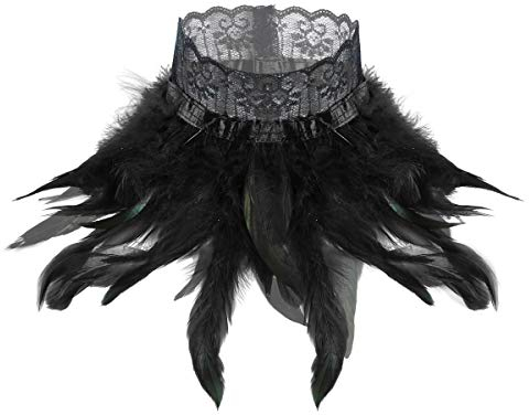 FEESHOW Frauen Gothic Federkragen Feder Spitzen Halsband Choker aus natürliche Feder Viktorianisch Kostüm Halschumuck Party Festival Schwarz One Size